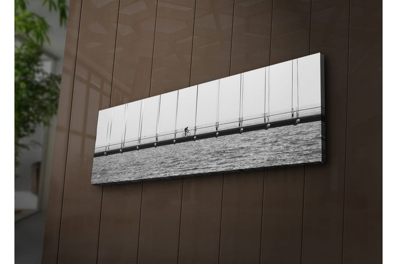 Lerretsbilde med LED-belysning 30x90 cm - Syklist på en bro over vann - Svart / Hvit / Grå - Interiør - Maleri & posters - Lerretsbilder