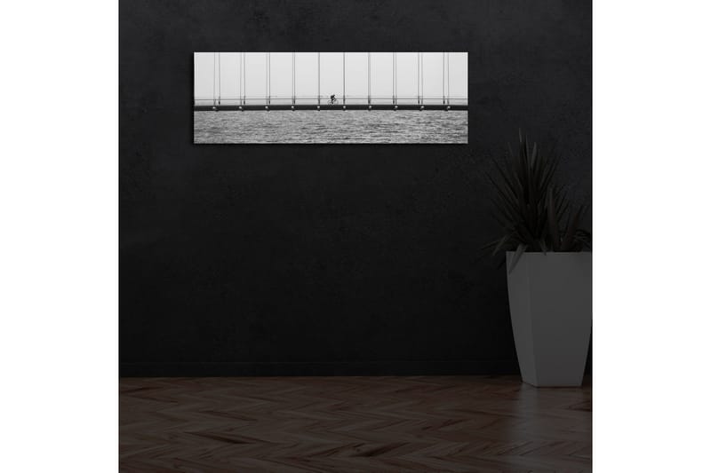 Lerretsbilde med LED-belysning 30x90 cm - Syklist på en bro over vann - Svart / Hvit / Grå - Interiør - Maleri & posters - Lerretsbilder