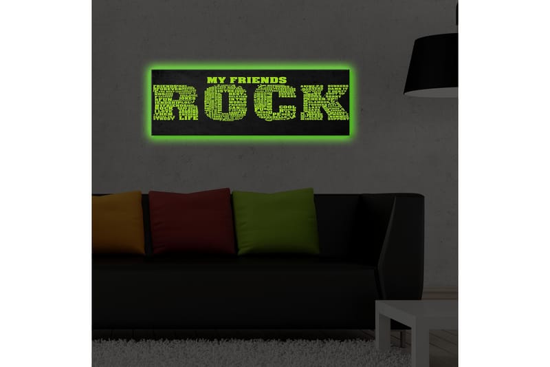 Lerretsbilde med LED-belysning 30x90 cm - Tekstbasert kunstverk med budskapet MY FRIENDS ROCK i store, fargerike bokstaver - Grønn / Svart - Interiør - Maleri & posters - Lerretsbilder
