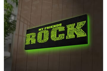 Lerretsbilde med LED-belysning 30x90 cm - Tekstbasert kunstverk med budskapet MY FRIENDS ROCK i store, fargerike bokstaver - Grønn / Svart - Interiør - Maleri & posters - Lerretsbilder