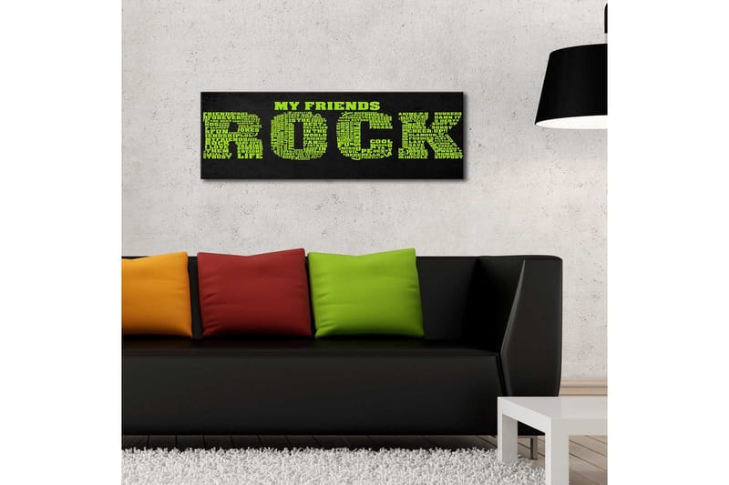 Lerretsbilde med LED-belysning 30x90 cm - Tekstbasert kunstverk med budskapet MY FRIENDS ROCK i store, fargerike bokstaver - Grønn / Svart - Interiør - Maleri & posters - Lerretsbilder