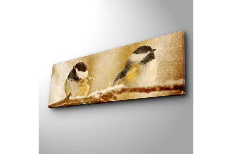 Lerretsbilde med LED-belysning 30x90 cm - To fugler på en gren i et vinterlandskap - Beige / Svart / Hvit - Interiør - Maleri & posters - Lerretsbilder