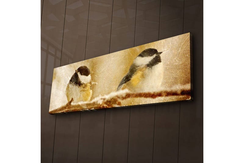 Lerretsbilde med LED-belysning 30x90 cm - To fugler på en gren i et vinterlandskap - Beige / Svart / Hvit - Interiør - Maleri & posters - Lerretsbilder