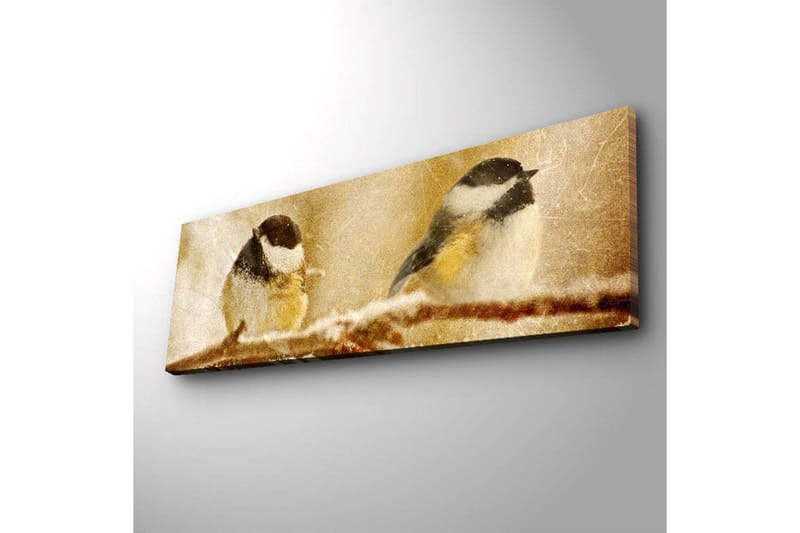Lerretsbilde med LED-belysning 30x90 cm - To fugler på en gren i et vinterlandskap - Beige / Svart / Hvit - Interiør - Maleri & posters - Lerretsbilder