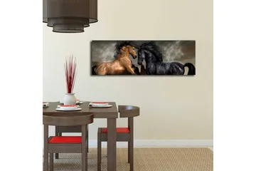 Lerretsbilde med LED-belysning 30x90 cm - To hester som møtes i en kraftfull og dramatisk komposisjon - Gull / Svart / Grå - Interiør - Maleri & posters - Lerretsbilder