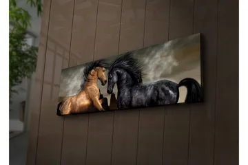 Lerretsbilde med LED-belysning 30x90 cm - To hester som møtes i en kraftfull og dramatisk komposisjon - Gull / Svart / Grå - Interiør - Maleri & posters - Lerretsbilder