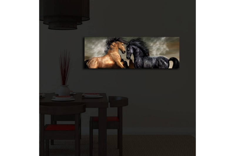 Lerretsbilde med LED-belysning 30x90 cm - To hester som møtes i en kraftfull og dramatisk komposisjon - Gull / Svart / Grå - Interiør - Maleri & posters - Lerretsbilder