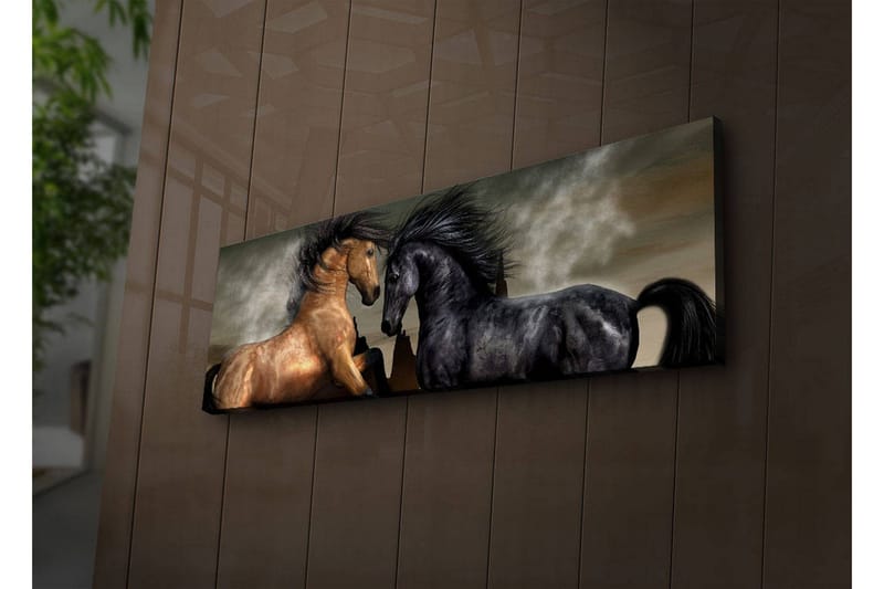 Lerretsbilde med LED-belysning 30x90 cm - To hester som møtes i en kraftfull og dramatisk komposisjon - Gull / Svart / Grå - Interiør - Maleri & posters - Lerretsbilder