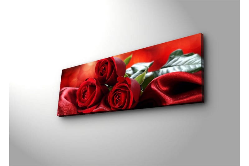 Lerretsbilde med LED-belysning 30x90 cm - Tre røde roser på en myk, rød satengbakgrunn - Rød / Grønn - Interiør - Maleri & posters - Lerretsbilder