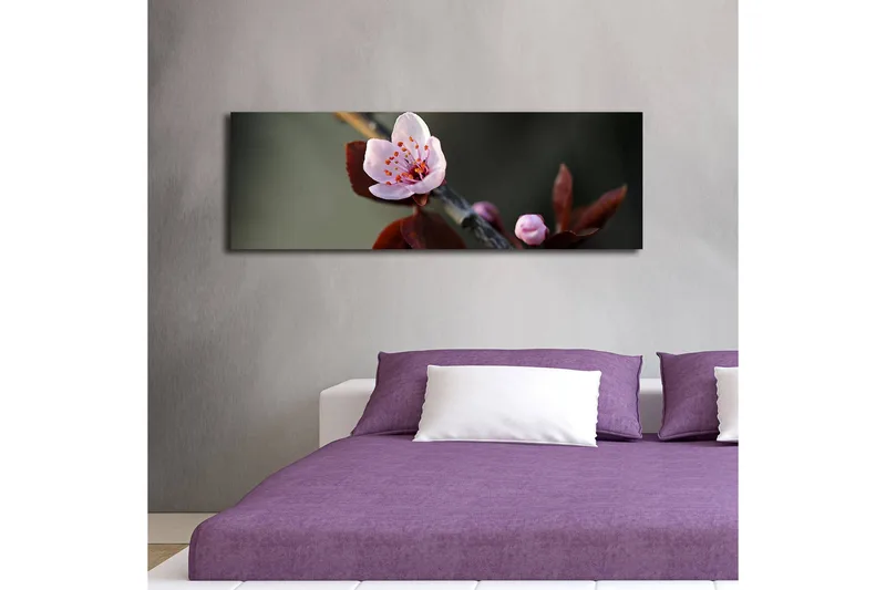 Lerretsbilde med LED-belysning 30x90 cm - Vakker blomst med rosa kronblader og mørkegrønne blader - Rosa / Mørkegrønn - Interiør - Maleri & posters - Lerretsbilder