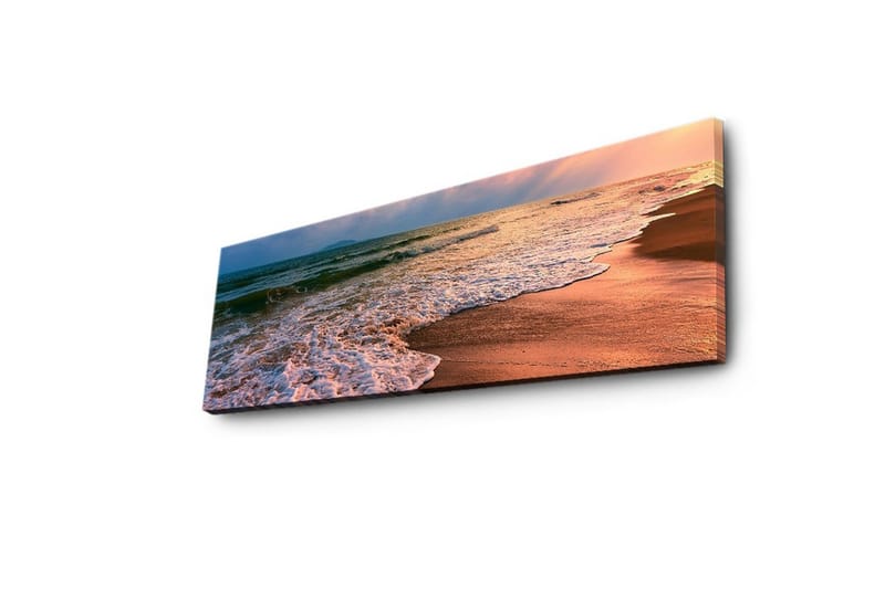 Lerretsbilde med LED-belysning 30x90 cm - Vakker strand med solnedgang og myke bølger - Blå / Oransje / Beige - Interiør - Maleri & posters - Lerretsbilder