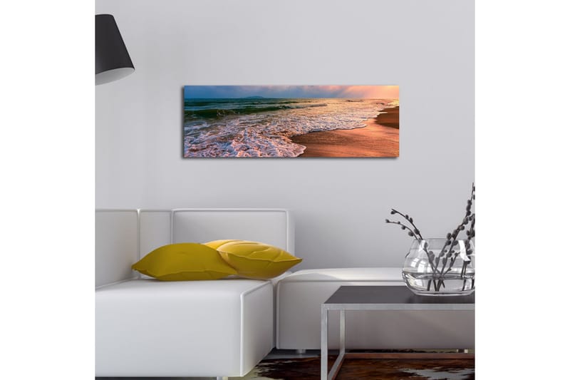 Lerretsbilde med LED-belysning 30x90 cm - Vakker strand med solnedgang og myke bølger - Blå / Oransje / Beige - Interiør - Maleri & posters - Lerretsbilder