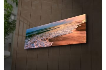 Lerretsbilde med LED-belysning 30x90 cm - Vakker strand med solnedgang og myke bølger - Blå / Oransje / Beige - Interiør - Maleri & posters - Lerretsbilder