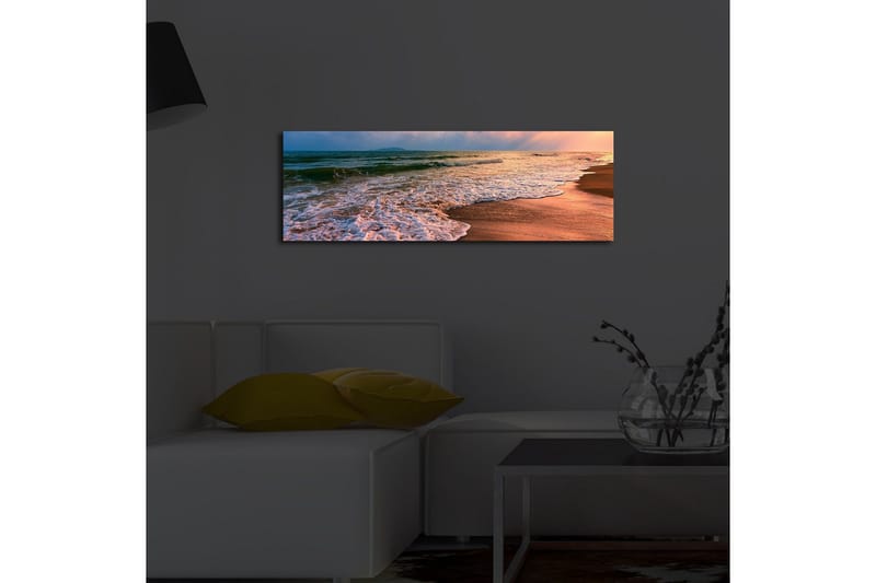 Lerretsbilde med LED-belysning 30x90 cm - Vakker strand med solnedgang og myke bølger - Blå / Oransje / Beige - Interiør - Maleri & posters - Lerretsbilder
