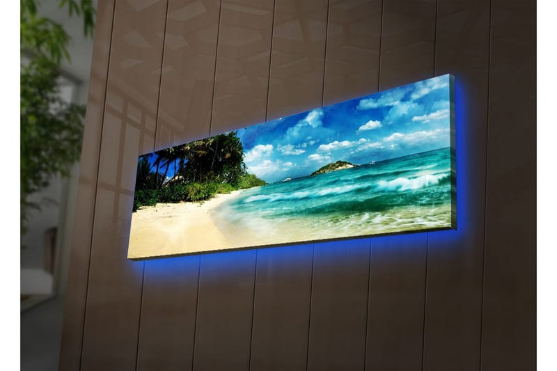 Lerretsbilde med LED-belysning 30x90 cm - Vakker strand med turkis vann og palmer - Turkis / Beige / Blå - Interiør - Maleri & posters - Lerretsbilder