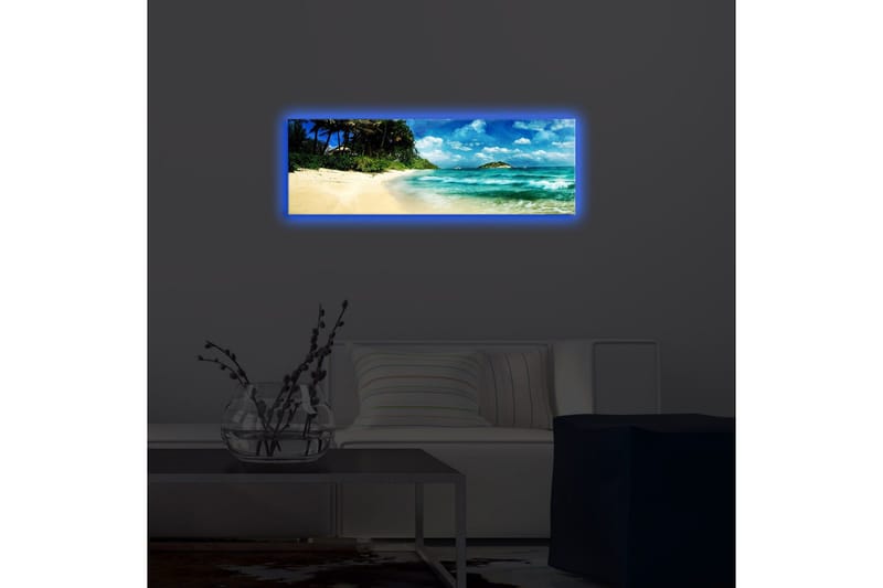 Lerretsbilde med LED-belysning 30x90 cm - Vakker strand med turkis vann og palmer - Turkis / Beige / Blå - Interiør - Maleri & posters - Lerretsbilder