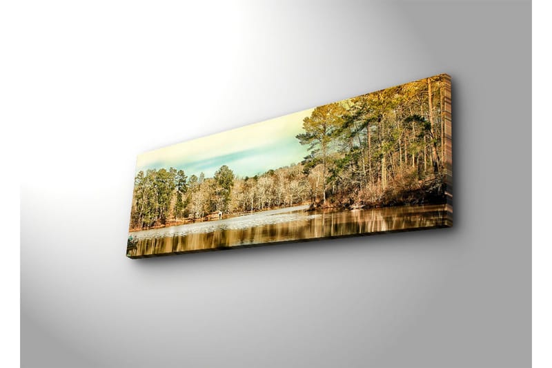 Lerretsbilde med LED-belysning 30x90 cm - Vakkert landskap med en speilblank innsjø omgitt av trær - Grønn / Brun / Blå - Interiør - Maleri & posters - Lerretsbilder
