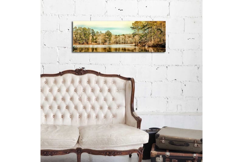 Lerretsbilde med LED-belysning 30x90 cm - Vakkert landskap med en speilblank innsjø omgitt av trær - Grønn / Brun / Blå - Interiør - Maleri & posters - Lerretsbilder