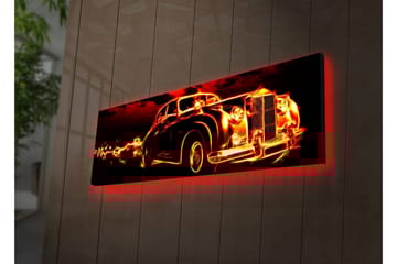 Lerretsbilde med LED-belysning 30x90 cm - Veteranbil med flammer rundt seg - Rød / Svart / Oransje - Interiør - Maleri & posters - Lerretsbilder