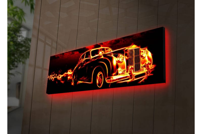 Lerretsbilde med LED-belysning 30x90 cm - Veteranbil med flammer rundt seg - Rød / Svart / Oransje - Interiør - Maleri & posters - Lerretsbilder