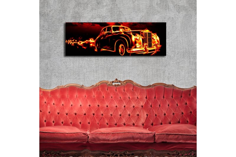 Lerretsbilde med LED-belysning 30x90 cm - Veteranbil med flammer rundt seg - Rød / Svart / Oransje - Interiør - Maleri & posters - Lerretsbilder
