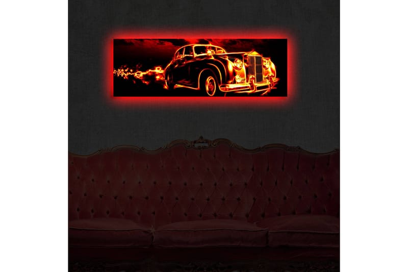 Lerretsbilde med LED-belysning 30x90 cm - Veteranbil med flammer rundt seg - Rød / Svart / Oransje - Interiør - Maleri & posters - Lerretsbilder