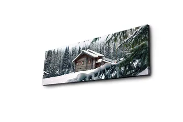 Lerretsbilde med LED-belysning 30x90 cm - Vinterlandskap med hytte omgitt av snø og grantrær - Hvit / Grønn / Brun - Interiør - Maleri & posters - Lerretsbilder