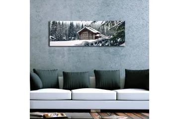 Lerretsbilde med LED-belysning 30x90 cm - Vinterlandskap med hytte omgitt av snø og grantrær - Hvit / Grønn / Brun - Interiør - Maleri & posters - Lerretsbilder