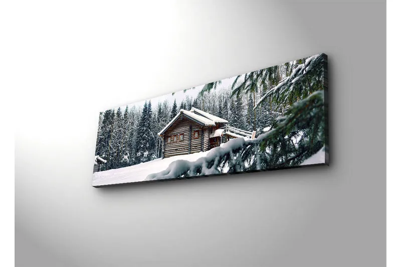 Lerretsbilde med LED-belysning 30x90 cm - Vinterlandskap med hytte omgitt av snø og grantrær - Hvit / Grønn / Brun - Interiør - Maleri & posters - Lerretsbilder