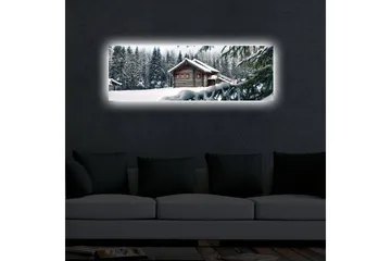 Lerretsbilde med LED-belysning 30x90 cm - Vinterlandskap med hytte omgitt av snø og grantrær - Hvit / Grønn / Brun - Interiør - Maleri & posters - Lerretsbilder