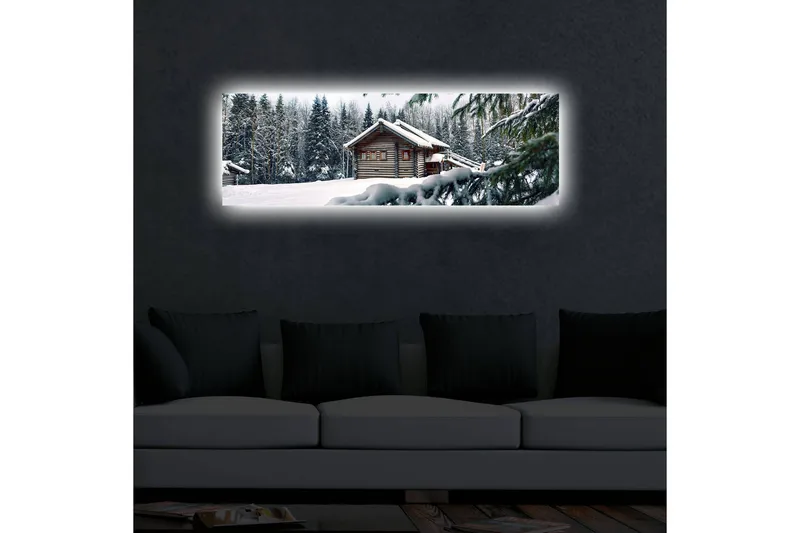 Lerretsbilde med LED-belysning 30x90 cm - Vinterlandskap med hytte omgitt av snø og grantrær - Hvit / Grønn / Brun - Interiør - Maleri & posters - Lerretsbilder