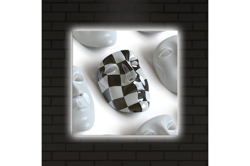 Lerretsbilde med LED-belysning 40x40 cm - Abstrakt komposisjon med ansiktsmasker i hvitt og svart - Hvit / Svart - Interiør - Maleri & posters - Lerretsbilder
