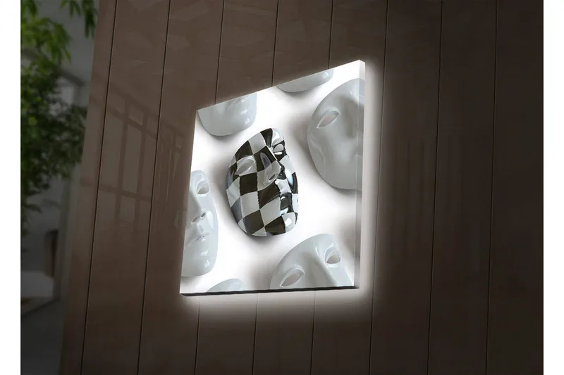 Lerretsbilde med LED-belysning 40x40 cm - Abstrakt komposisjon med ansiktsmasker i hvitt og svart - Hvit / Svart - Interiør - Maleri & posters - Lerretsbilder