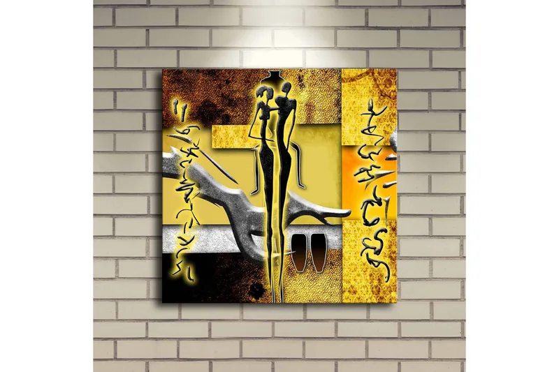 Lerretsbilde med LED-belysning 40x40 cm - Abstrakt komposisjon med menneskefigurer og håndformer - Gull / Svart / Grå - Interiør - Maleri & posters - Lerretsbilder