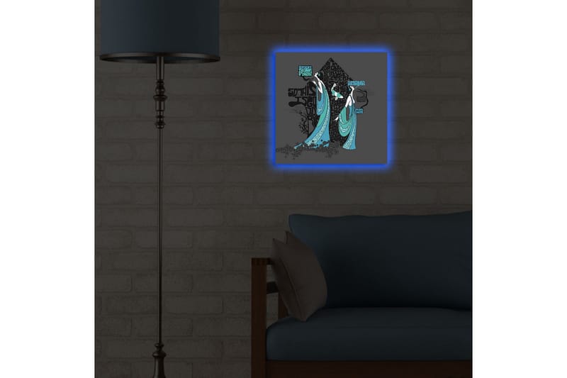 Lerretsbilde med LED-belysning 40x40 cm - Abstrakt komposisjon med to stiliserte figurer i flagrende klær - Svart / Turkis / Hvit - Interiør - Maleri & posters - Lerretsbilder