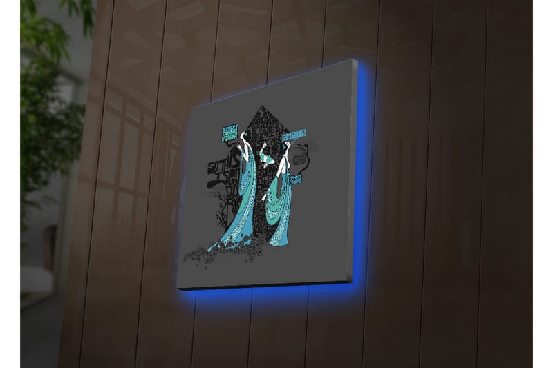 Lerretsbilde med LED-belysning 40x40 cm - Abstrakt komposisjon med to stiliserte figurer i flagrende klær - Svart / Turkis / Hvit - Interiør - Maleri & posters - Lerretsbilder