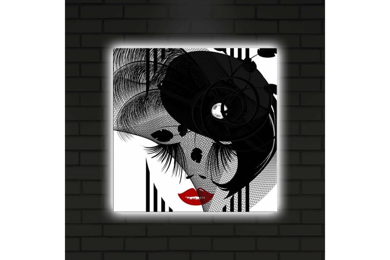 Lerretsbilde med LED-belysning 40x40 cm - Abstrakt portrett med en elegant kvinne og svarte detaljer - Svart / Rød / Hvit - Interiør - Maleri & posters - Lerretsbilder