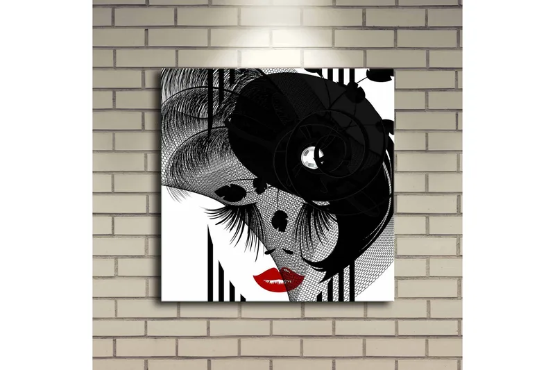 Lerretsbilde med LED-belysning 40x40 cm - Abstrakt portrett med en elegant kvinne og svarte detaljer - Svart / Rød / Hvit - Interiør - Maleri & posters - Lerretsbilder