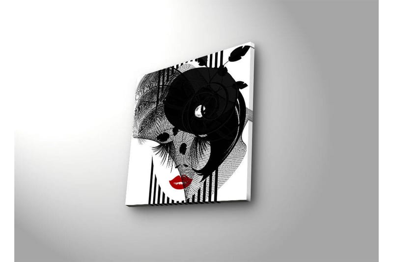 Lerretsbilde med LED-belysning 40x40 cm - Abstrakt portrett med en elegant kvinne og svarte detaljer - Svart / Rød / Hvit - Interiør - Maleri & posters - Lerretsbilder