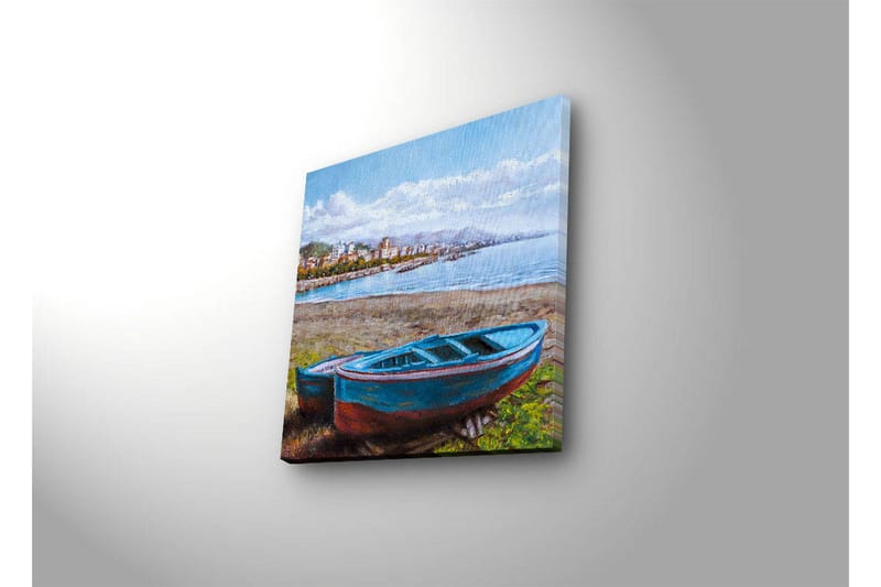Lerretsbilde med LED-belysning 40x40 cm - Båt ved kysten med vakker havutsikt - Blå / Grønn / Brun - Interiør - Maleri & posters - Lerretsbilder