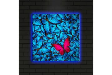 Lerretsbilde med LED-belysning 40x40 cm - Blå opplyste sommerfugler i bakgrunnen med en rosa sommerfugl - Blå / Rosa / Svart - Interiør - Maleri & posters - Lerretsbilder