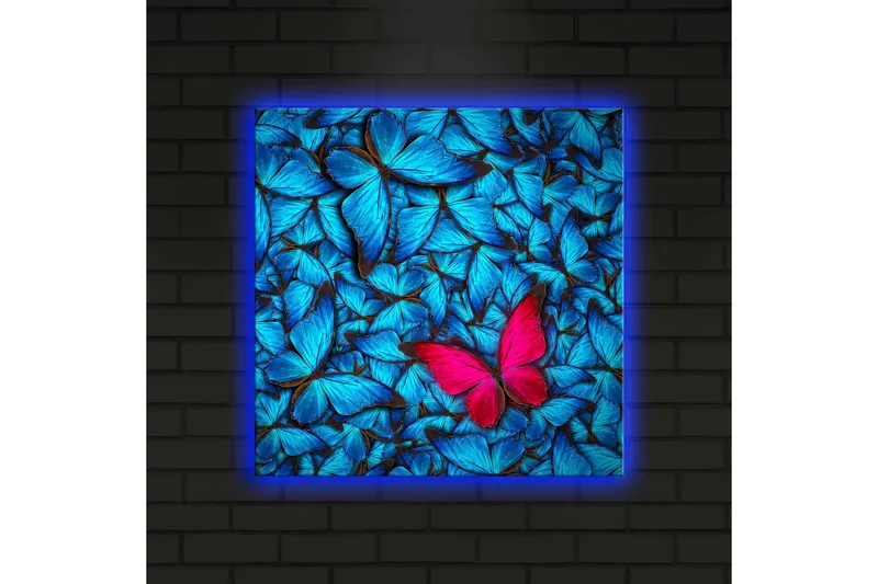 Lerretsbilde med LED-belysning 40x40 cm - Blå opplyste sommerfugler i bakgrunnen med en rosa sommerfugl - Blå / Rosa / Svart - Interiør - Maleri & posters - Lerretsbilder