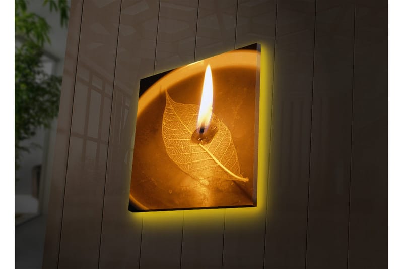 Lerretsbilde med LED-belysning 40x40 cm - Brennende stearinlys over et blad i en bolle - Gull / Brun / Beige - Interiør - Maleri & posters - Lerretsbilder