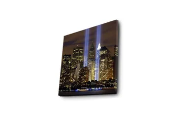 Lerretsbilde med LED-belysning 40x40 cm - Bylandskap med lysstråler som symboliserer minnet om tapte liv - Gull / Blå / Svart - Interiør - Maleri & posters - Lerretsbilder