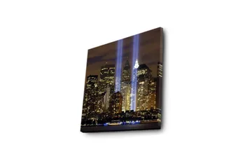 Lerretsbilde med LED-belysning 40x40 cm - Bylandskap med lysstråler som symboliserer minnet om tapte liv - Gull / Blå / Svart - Interiør - Maleri & posters - Lerretsbilder