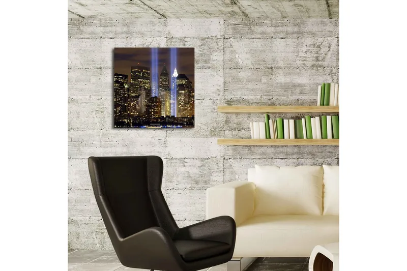 Lerretsbilde med LED-belysning 40x40 cm - Bylandskap med lysstråler som symboliserer minnet om tapte liv - Gull / Blå / Svart - Interiør - Maleri & posters - Lerretsbilder