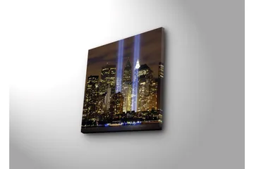 Lerretsbilde med LED-belysning 40x40 cm - Bylandskap med lysstråler som symboliserer minnet om tapte liv - Gull / Blå / Svart - Interiør - Maleri & posters - Lerretsbilder