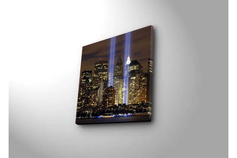 Lerretsbilde med LED-belysning 40x40 cm - Bylandskap med lysstråler som symboliserer minnet om tapte liv - Gull / Blå / Svart - Interiør - Maleri & posters - Lerretsbilder