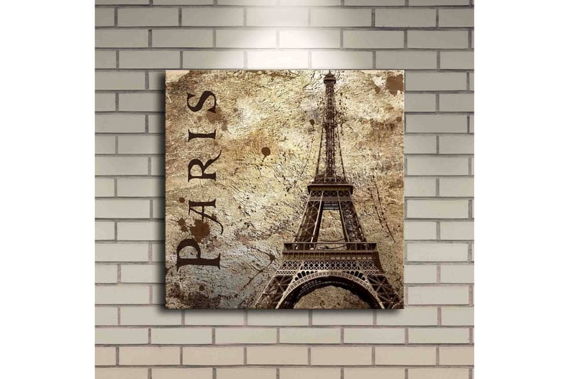 Lerretsbilde med LED-belysning 40x40 cm - Eiffeltårnet i vintagestil med teksten Paris - Beige / Brun / Svart - Interiør - Maleri & posters - Lerretsbilder