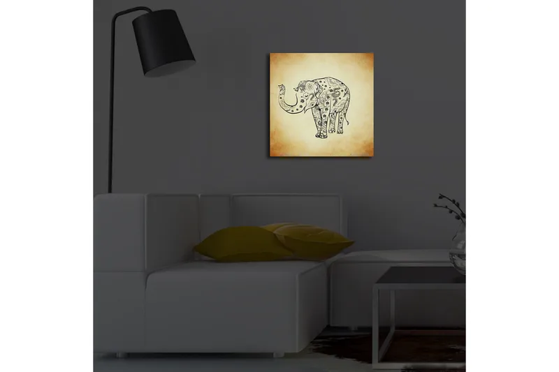 Lerretsbilde med LED-belysning 40x40 cm - Elefant med detaljert mønster - Svart / Beige / Brun - Interiør - Maleri & posters - Lerretsbilder
